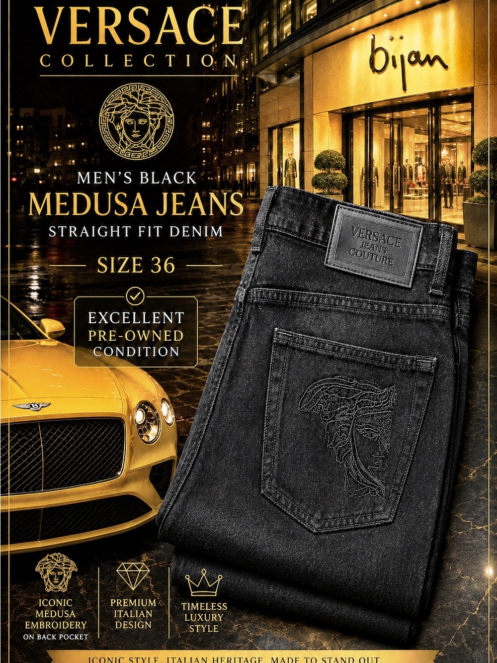 Versace Collection Men's Black Medusa Jeans | Straight Fit Denim | Size 36